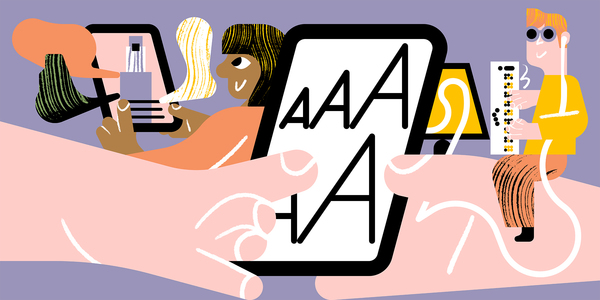 Illustratie van twee handen met een tablet vast, een persoon scrolt op de tablet een andere persoon met visuele beperking gebruikt een brailletoetsenbord.
